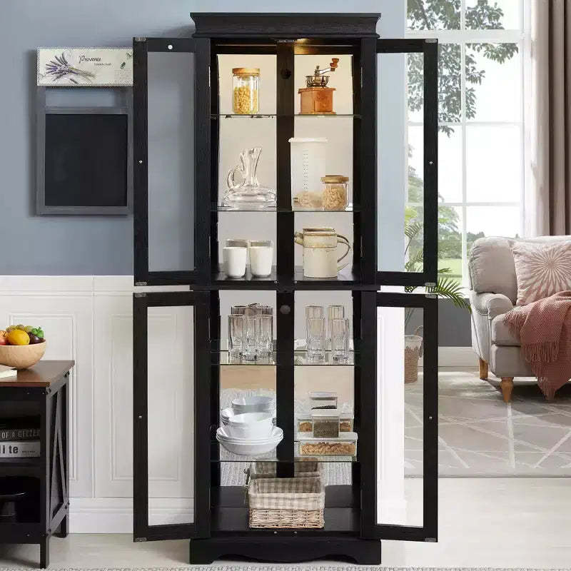 Lighted Corner Curio Cabinet - Elegant Glass Display Case for Living Room & Bar Storage - Perfect for Antique Collections & Wine - BLACK