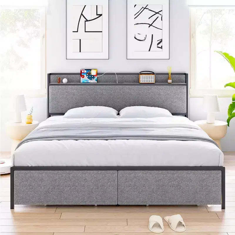 King Bed Frame with 2 Storage Drawer, Upholstered Platform Bed with Headboard, USB Port & Outlets, No Box Spring Bed, Easy Assemble