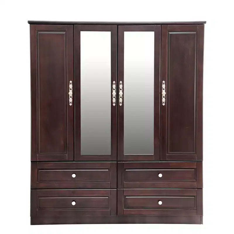 Keloyid Seusar Brownish Black Wood 61.42 in. Armoire with 4 Drawers, 2 Mirror, Hanging Rod and Shelves