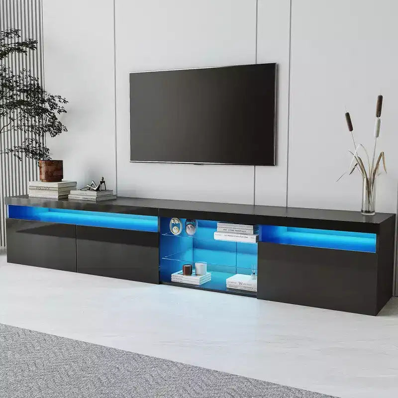 Bestier Modern TV Stand for TVs Up to 105 with 2 Glass Shelves, Storage Media Console, Versatile TV Cabinet with LED Lights for Living Room, Black