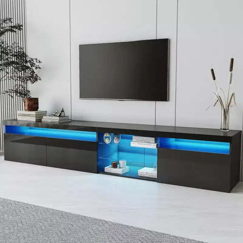 Bestier Modern TV Stand for TVs Up to 105 with 2 Glass Shelves, Storage Media Console, Versatile TV Cabinet with LED Lights for Living Room, Black