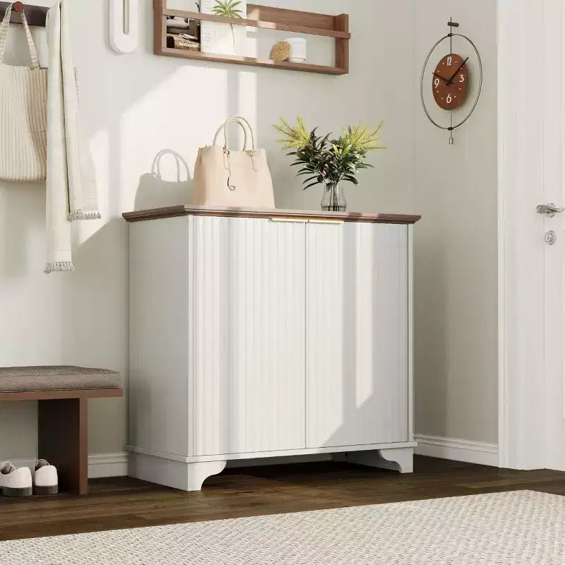 Sideboard Cabinet, Buffet Cabinet - Farmhouse Small Wooden Storage with 2 Doors & Adjustable Shelf, Coffee Bar for Dining/Living Room, White