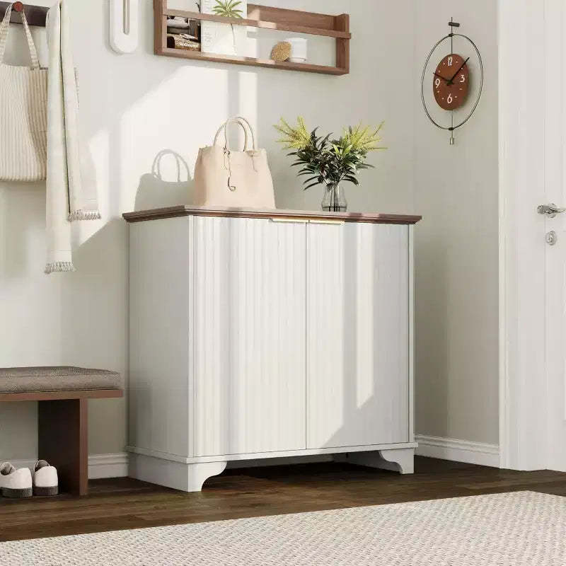 Sideboard Cabinet, Buffet Cabinet - Farmhouse Small Wooden Storage with 2 Doors & Adjustable Shelf, Coffee Bar for Dining/Living Room, White
