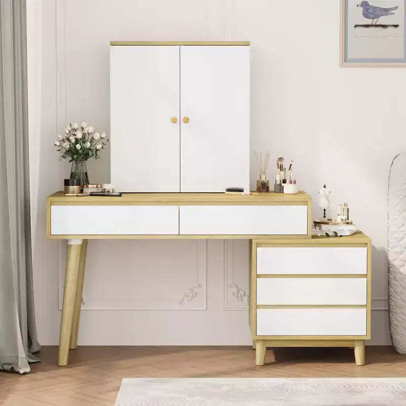 Vanity Desk, Makeup Vanity - with Mirror & Lights, 7 Drawers, Big Set with Stool for Bedroom (White)