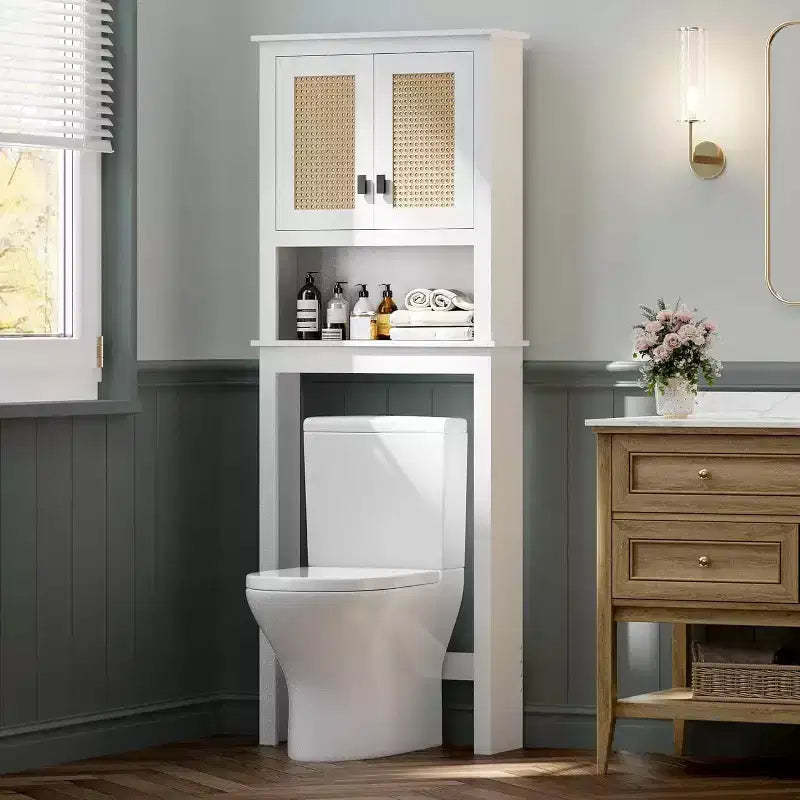 Acekool Over The Toilet Storage Cabinet, Farmhouse Bathroom Organizer with Rattan Doors, Adjustable Shelf, White Bathroom Cabinet