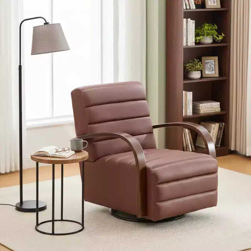 Homy Casa Swivel Accent Chair with Channel-Tufted Back and Curved Wood Armrests, for Living Room or Office, Brown PU Leather