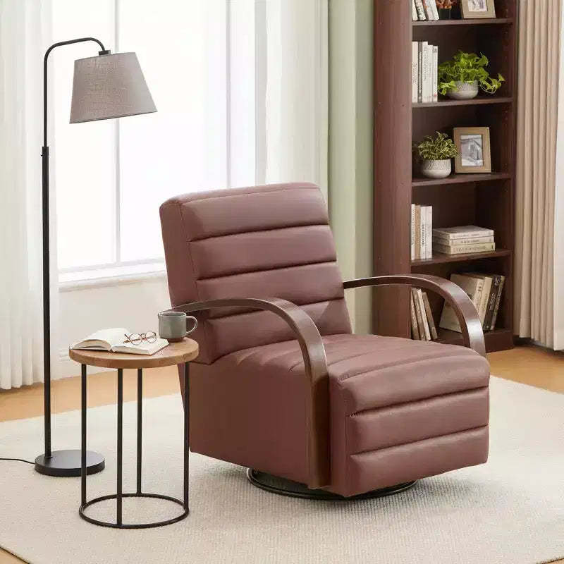 Homy Casa Swivel Accent Chair with Channel-Tufted Back and Curved Wood Armrests, for Living Room or Office, Brown PU Leather