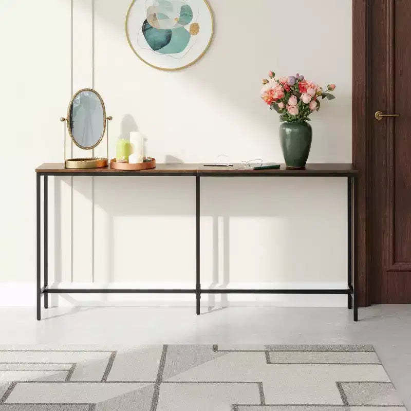 Homy Casa Narrow Console Table with Charging Station and Metal Frame for Entryway or Living Room