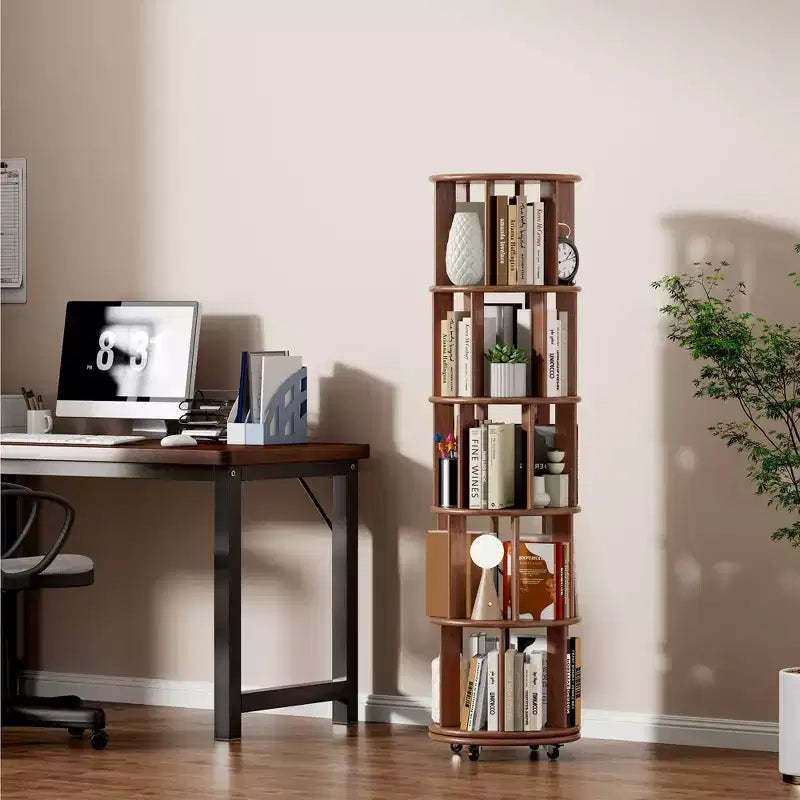 Okak 360 Rotating Bookshelf with Wheels, Solid Wood Narrow Bookcase with 5-Tier, Display Case for Living Room, Office, Bedroom, Walnut