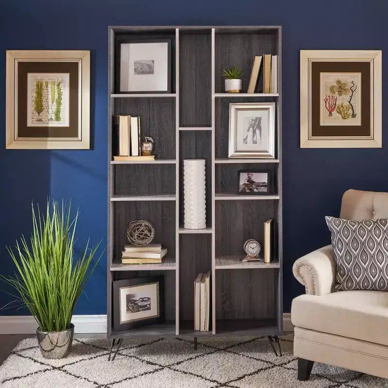 Okak Moder Tall Bookshelves with 5-Tier, Display Case With 13 holesBookcase for Living Room, Office, Hallway, Grey