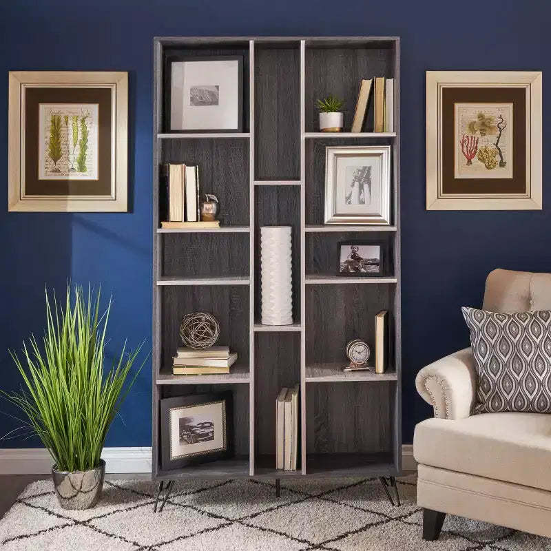 Okak Moder Tall Bookshelves with 5-Tier, Display Case With 13 holesBookcase for Living Room, Office, Hallway, Grey