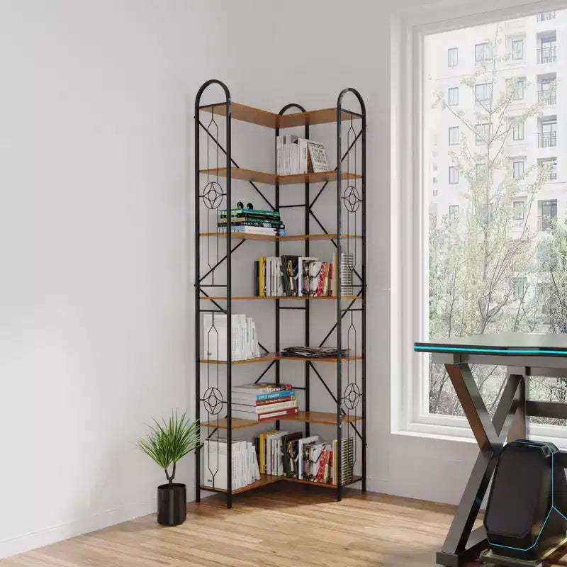 Okak 7-Tier Industrial Coner Shelf, Freestanding L Shaped Bookcase, Display Case for Living Room, Bedroom, Office, Brown