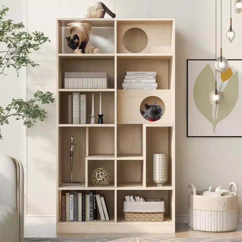 Okak Modern Bookshelf with Cat Litter Box, Display Case with Cat Climbing Shelf, 2 in 1 Bookcase for Living Room, Bedroom, Natural