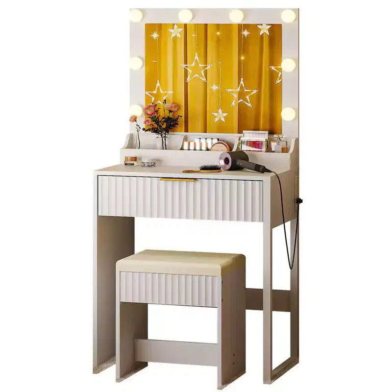 White Particle Board Veneered with Textured Melamine, 1-drawer 3-compartment Dressing Table Set with 8 Three-color Dimmable Bulbs