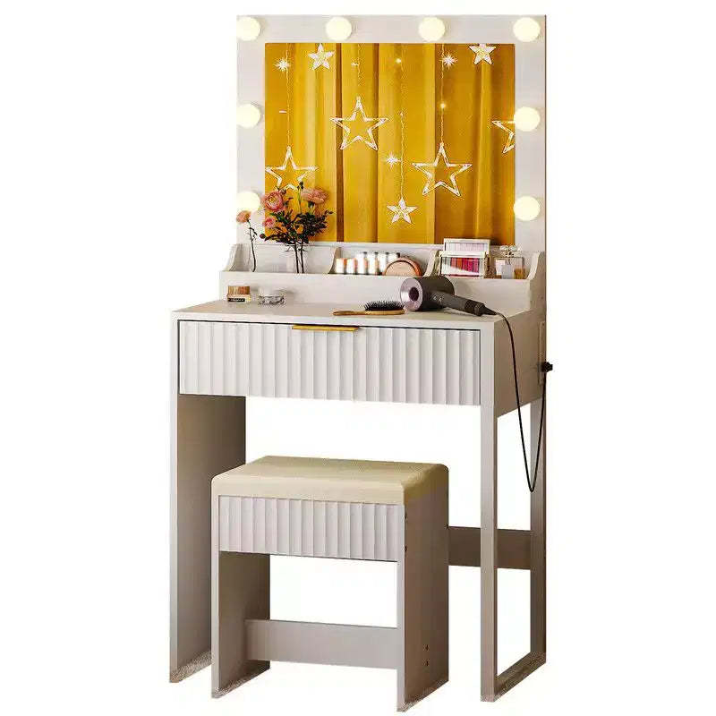 White Particle Board Veneered with Textured Melamine, 1-drawer 3-compartment Dressing Table Set with 8 Three-color Dimmable Bulbs
