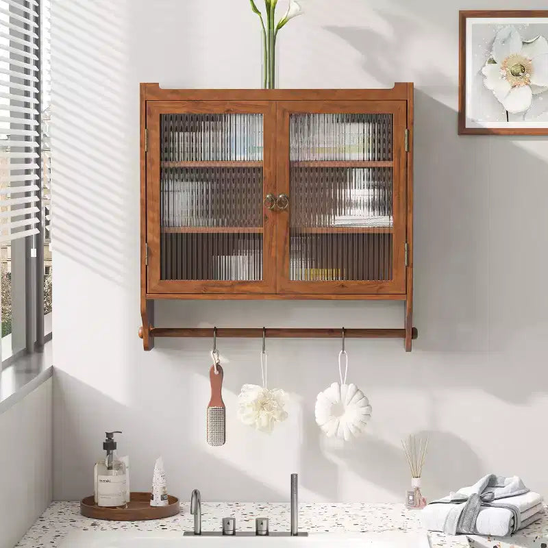 CLIHOME 24.8 Glass Door Vintage Wall Cabinet, Double Door 3 Tiers Bathroom Storage Cabinet With Towel Rack