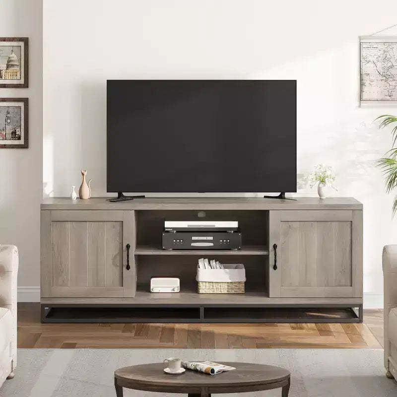 Garvee Farmhouse TV Stand for 75inch, Entertainment Center with Sturdy Metal Leg & Adjustable Shelves, Wooden Media Console for Living Room Bedroom