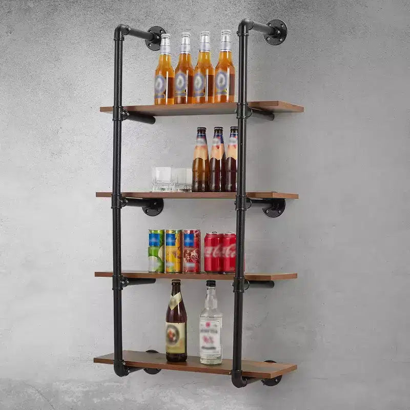 Industrial Pipe Wall-Mounted Wine Rack Shelf - 4-Tier Wood & Metal Storage for Wine, Drinks, Glasses in Bar Kitchen