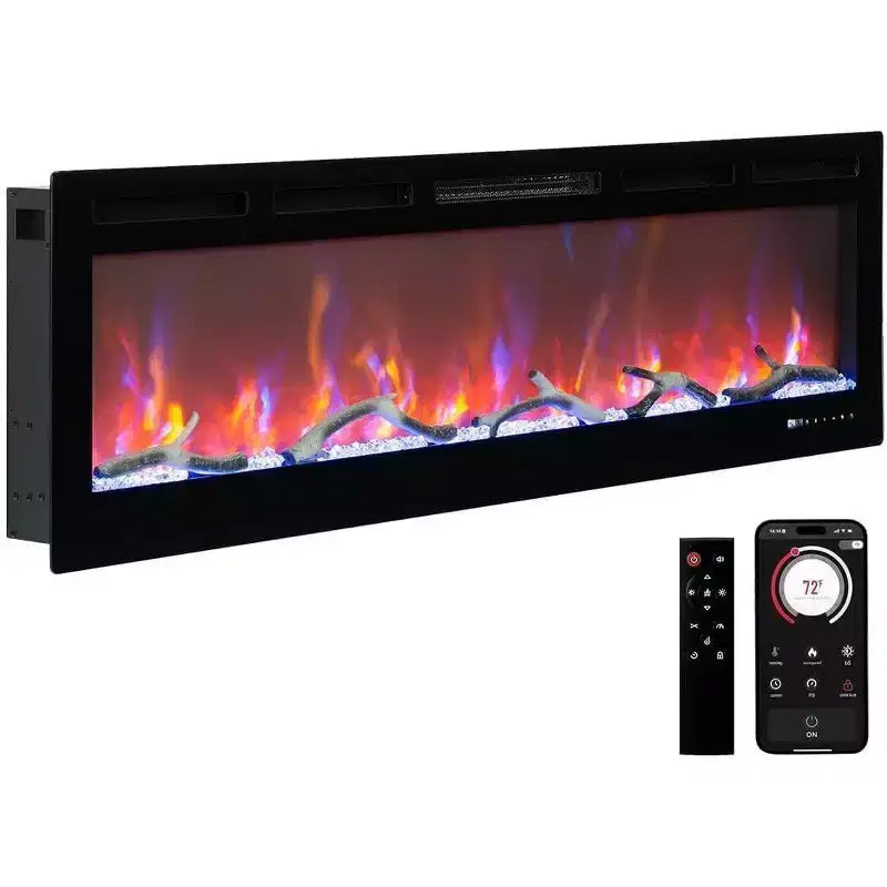 Coolmee 88 inch Electric Fireplace, Smart Recessed or Wall-Mounted, WiFi Control, Dual Heat 750/1500W, 12 Flame Colors, Touch Screen, Timer