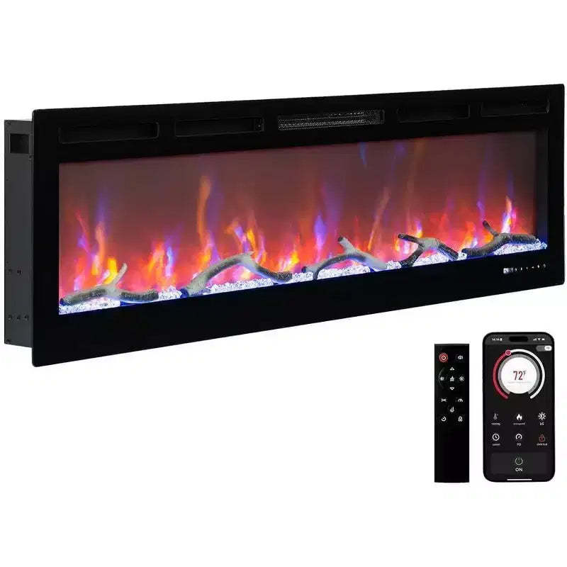 Coolmee 88 inch Electric Fireplace, Smart Recessed or Wall-Mounted, WiFi Control, Dual Heat 750/1500W, 12 Flame Colors, Touch Screen, Timer