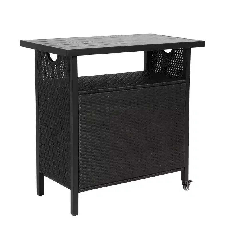 NAYSAYE Bar Serving Cart Outdoor Wicker Wine and Beverage Storage with Plastic Wood Top for Patio , Black, 35.43*19.69*35.43