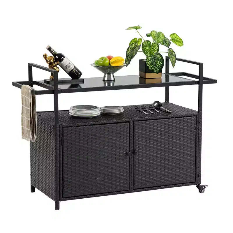 NAYSAYE Bar Serving Cart Outdoor Wicker Wine and Beverage Counter with Glass Tabletop for Patio , Black, 51.18*19.69*35.43