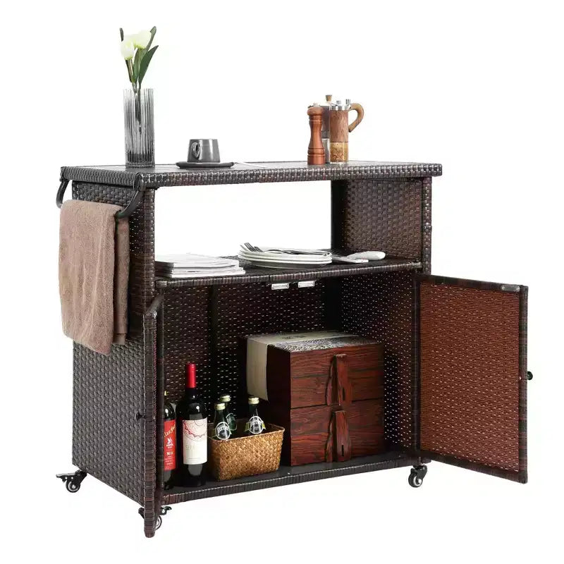 NAYSAYE Bar Serving Cart Outdoor Wicker Wine and Beverage Counter with Glass Tabletop for Patio , Black and Brown, 35.2*20.6*34.2