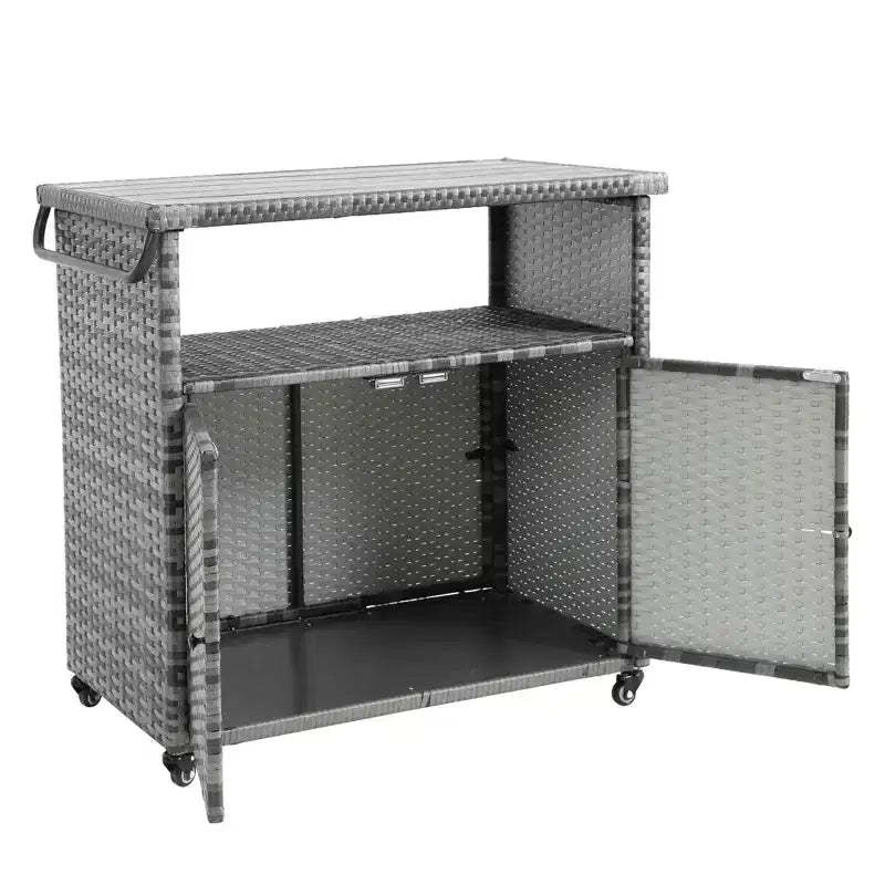NAYSAYE Bar Serving Cart Outdoor Wicker Wine and Beverage Counter with Glass Top for Patio , Gray, 35.2*20.6*34.2