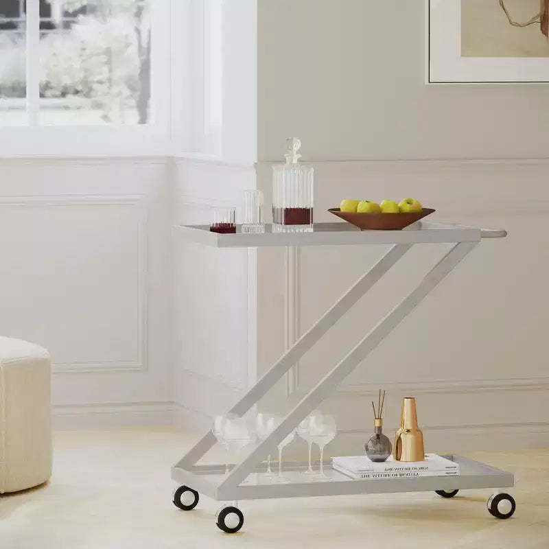 NAYSAYE Bar Serving Cart Modern Glass Shelves with Durable Iron Frame and Rolling Casters for Living Room , Silver, 36.5*18.75*34