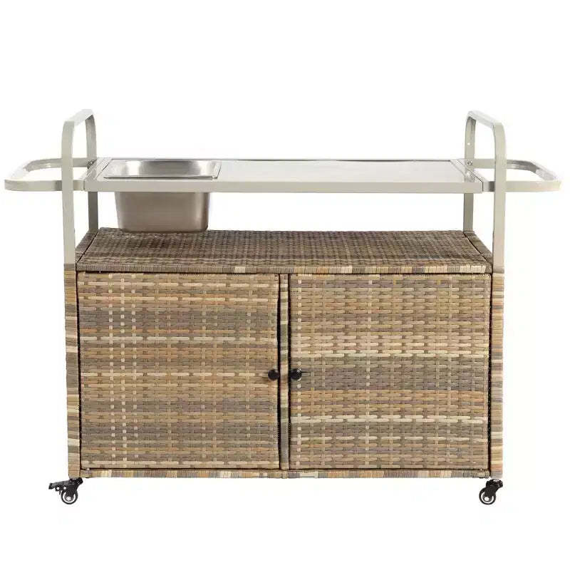 NAYSAYE Bar Serving Cart Outdoor Wicker Table with Cabinet and Steel Top for Patio , Beige, 51.57*19.69*35.83