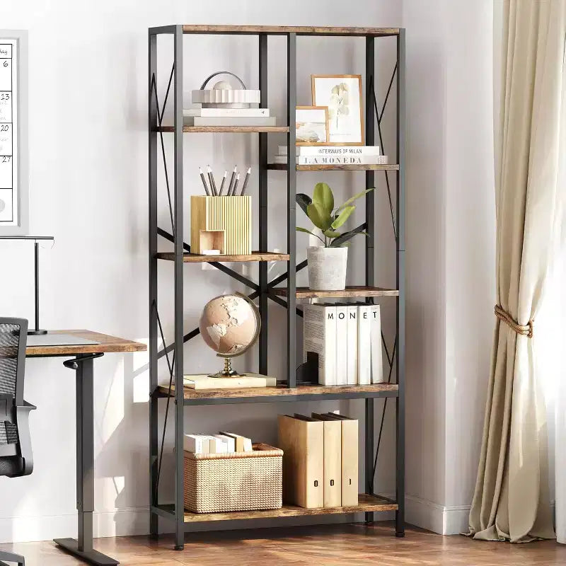 Industrial Bookshelf Vintage Bookcase with Storage Tall Standing Bookshelves Metal Frame Open Display Racks Unique Book Shelf