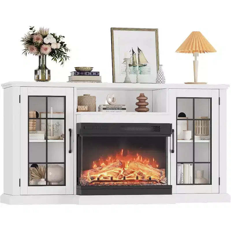 White 59 Fireplace TV Stand Cabinet with 3 Sided Glass, Rustic Glass Door Storage Distressed with Electric heater & LED Lights for Living Room
