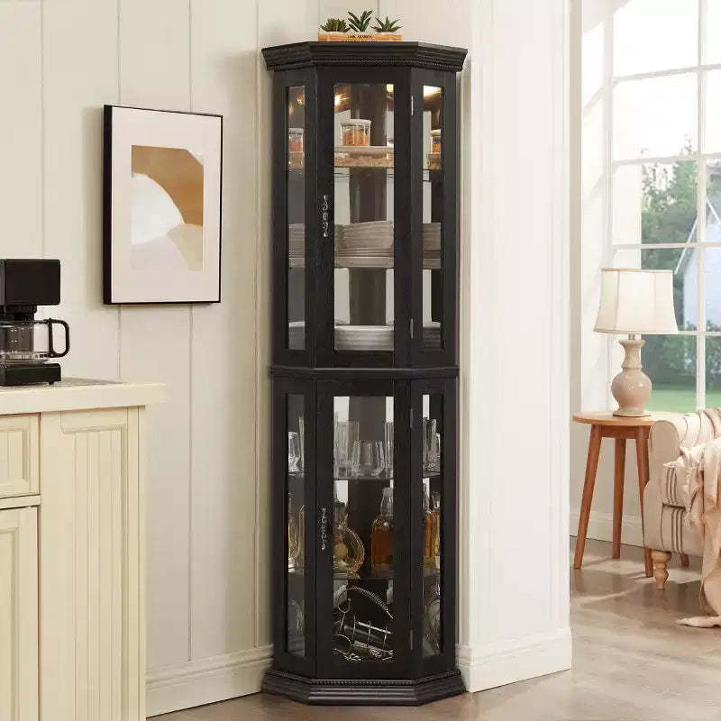 Lighted Corner Curio Cabinet - Glass Display Shelf with Tempered Glass Doors, Adjustable Shelving- Ideal Bar Cabinet for Home Decor-BLACK