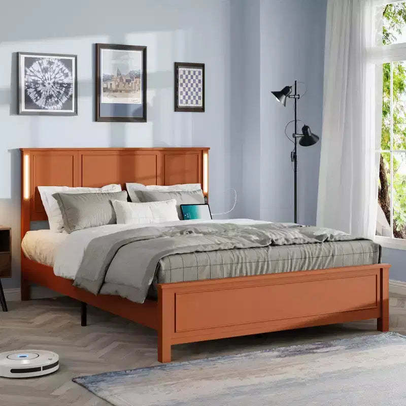 GDFStudio Brines Contemporary Wood Bed Frame with Charging Station and LED Lights