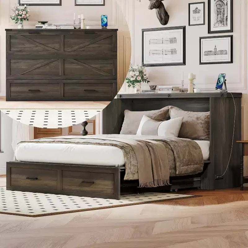 Bellemave Queen Size Farmhouse Murphy Cabinet Bed with Charging Station and Storage Drawer, Rustic Gray