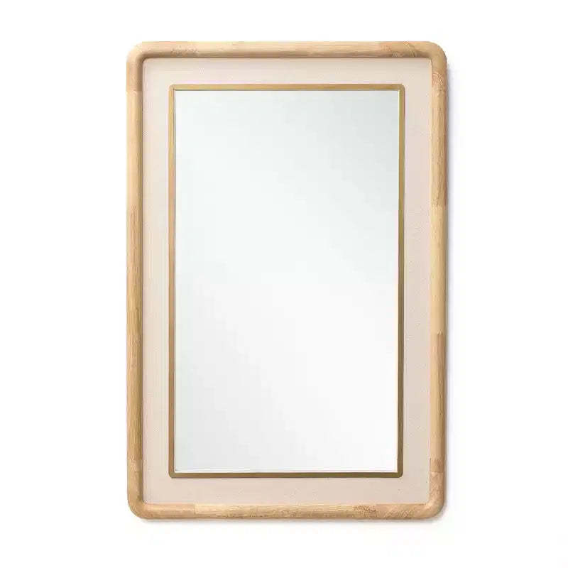 LuxenHome Rounded Rectangle Decorative Wall Mirror, 35 Rubber Wood Frame with PU Leather Accent Brown