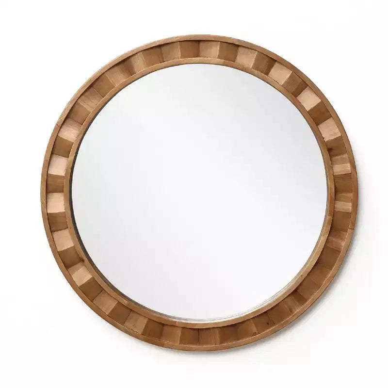 LuxenHome Natural Wood Frame Round Wall Mirror, 28 Rustic Wooden Decor Brown