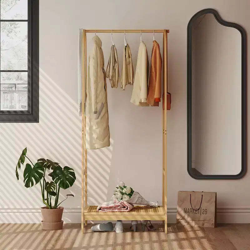 Bamboo Clothes Rack, Freestanding Clothing Rack with Storage Shelf and Hanging Rod,Wooden Space-Saving Garment Rack Organizer for Bedroom,Living Room