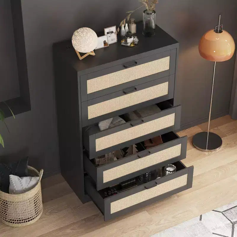 Rattan 5 Drawer Dressers for Bedroom,with Deep Drawers,Large Chest of Drawers for Closet with Wide Top,Long Wooden Dresser for Living Room,Hallway