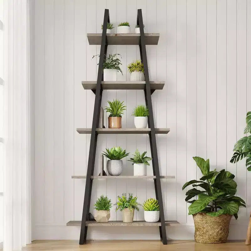 Coolmee 5 Tier Ladder Bookshelf, Floor Standing Bookcase with Shelves, Tall Book Storage Rack for CDs Movies Books, Narrow Organizer Shelf