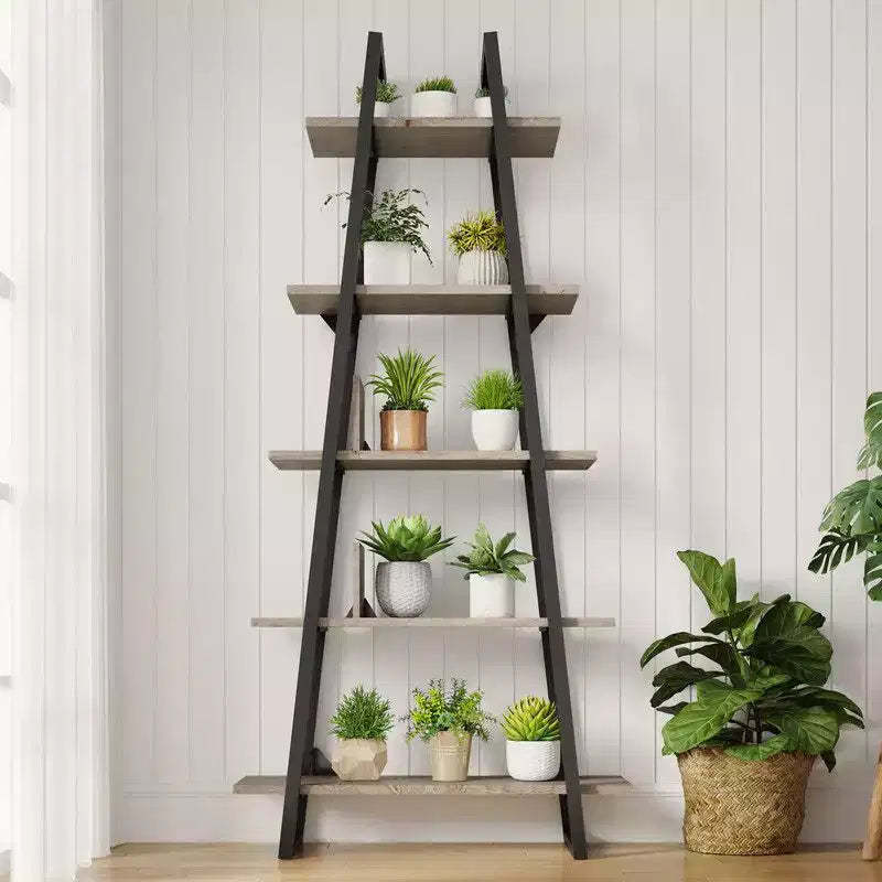 Coolmee 5 Tier Ladder Bookshelf, Floor Standing Bookcase with Shelves, Tall Book Storage Rack for CDs Movies Books, Narrow Organizer Shelf