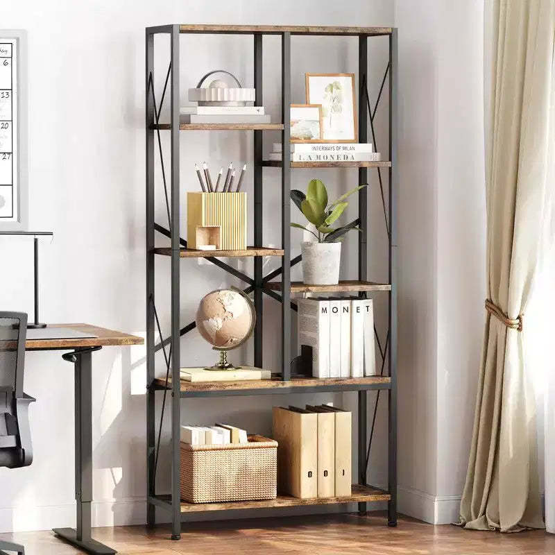 Coolmee Industrial Bookshelf, Split Level Vintage Storage Bookcase Tall Standing Metal Frame Open Display Racks for Bedroom, Living Room