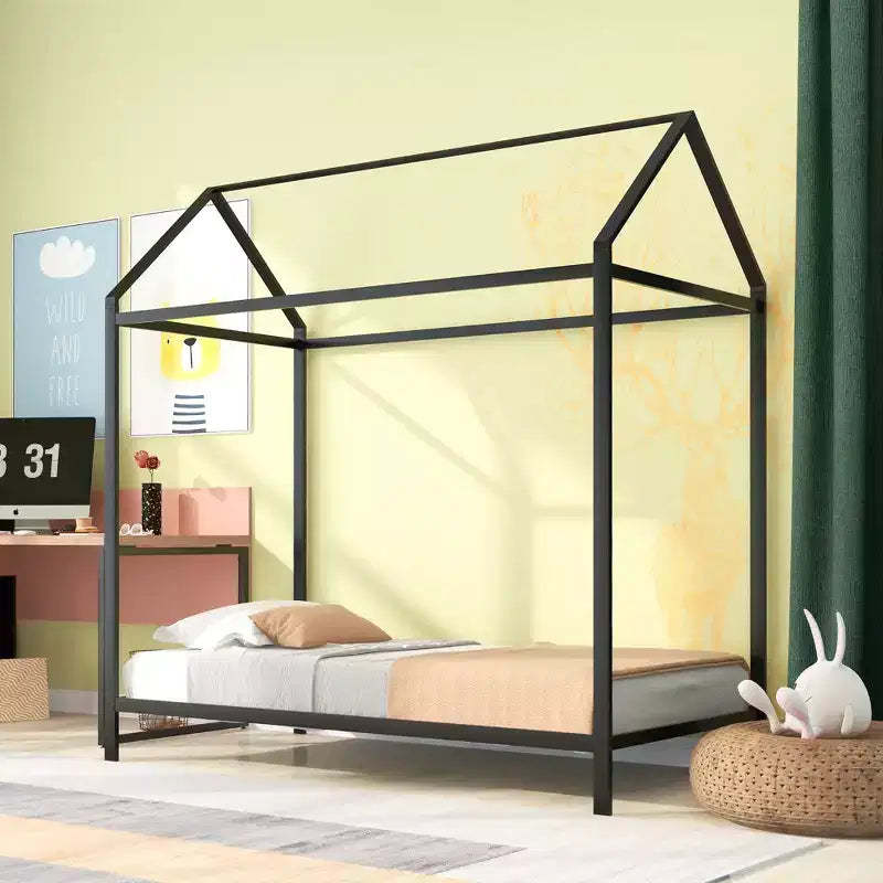 Bellemave Twin House Bed for Kids, Montessori Floor Bed Kids Bed Frame Metal Platform Bed Floor Bed for Kids Boys Girls,Black