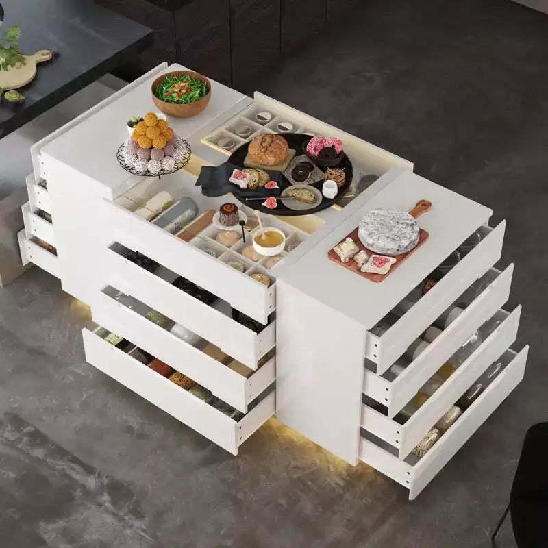 Famapy Multi-Functional Kitchen Island Dresser with High - Gloss Finish: Ample Drawers,Integrated LED,Organized Storage  Maximize Space