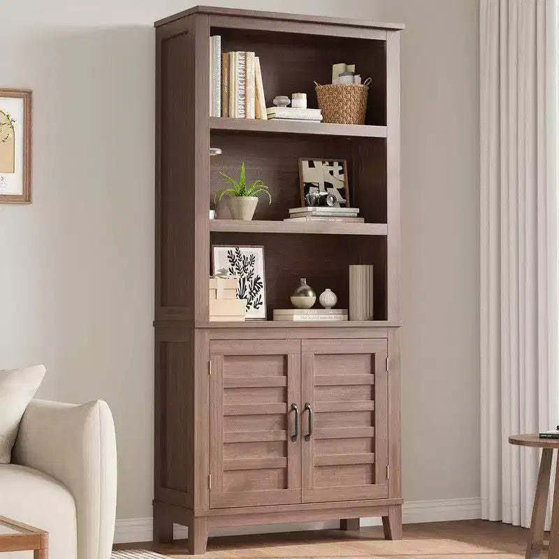 Bookcase with Door 5 Tier Storage Bookshelf Wooden Farmhouse Bookshelves Rustic Vintage Etagere Walnut,Brown,Set of 2