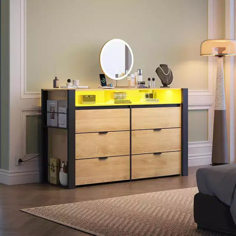 GALAXHERO 50.79'' White Wood 6-Drawer LED Dresser  Storage Organizer with Power Outlets (Fits 55'' TV) for Bedroom, Closet & Living Room