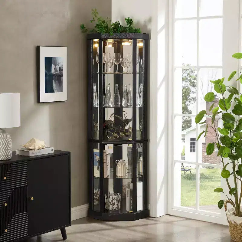 Lighted Corner Curio Cabinet - Elegant Glass Display Case for Living Room & Bar Storage - Perfect for Antique Collections & Wine