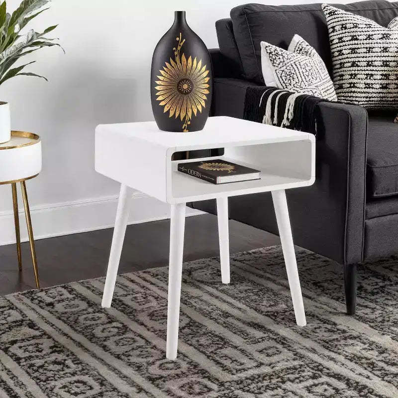 HomeStock Belmont End Table with Shelf, Mid Century Modern Side Table with Open Cubby, Curved Edges, Tapered Legs and Spacious Surface