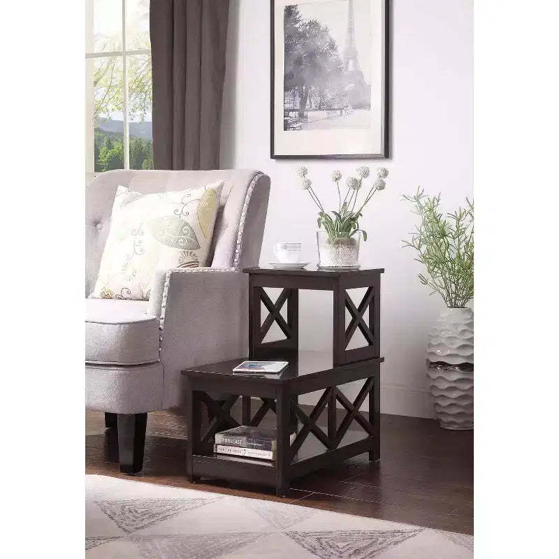 HomeStock Belmont 2 Step Chairside End Table with L Shaped Frame and X Side Panels, 3 Tier Storage Accent Side Table for Living Room or Office