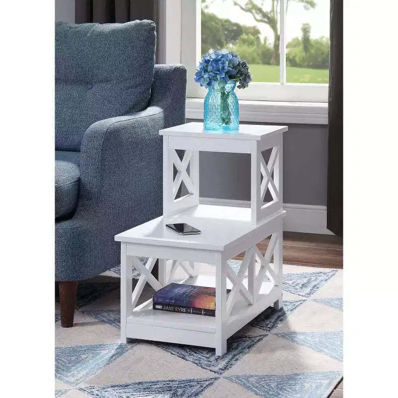 HomeStock Belmont 2 Step Chairside End Table with Chic L Shape Design and X Frame Sides, Multi Tier Storage Shelves for Living Room or Den Use